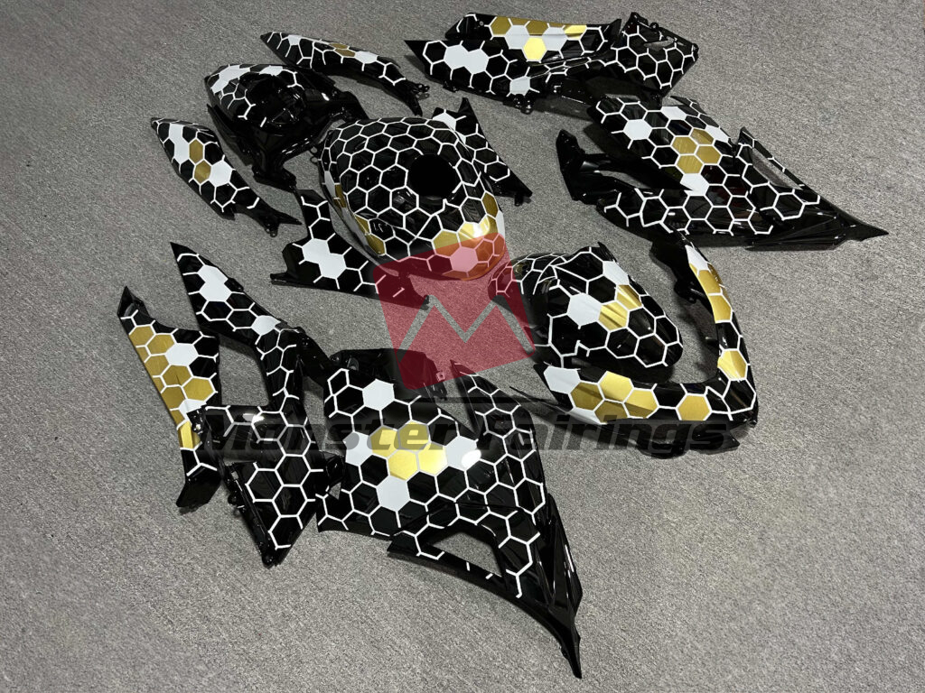 Kawasaki Ninja 400 custom ABS fairings 2018 - 2024 in Gloss Black & White With Gold Honeycomb Pattern - durable replacement kit, Monster Fairings