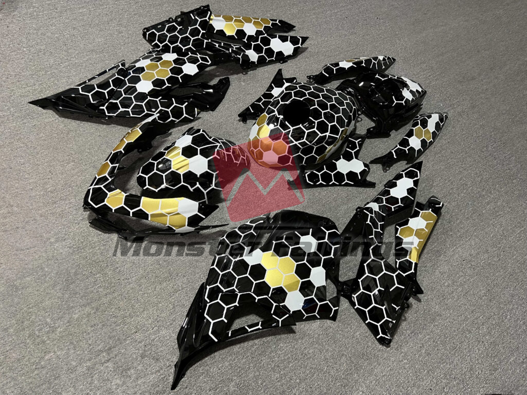 Gloss Black & White With Gold Honeycomb Pattern ABS fairings for Kawasaki Ninja 400 2018 - 2024 - premium OEM fit kit by Monster Fairings