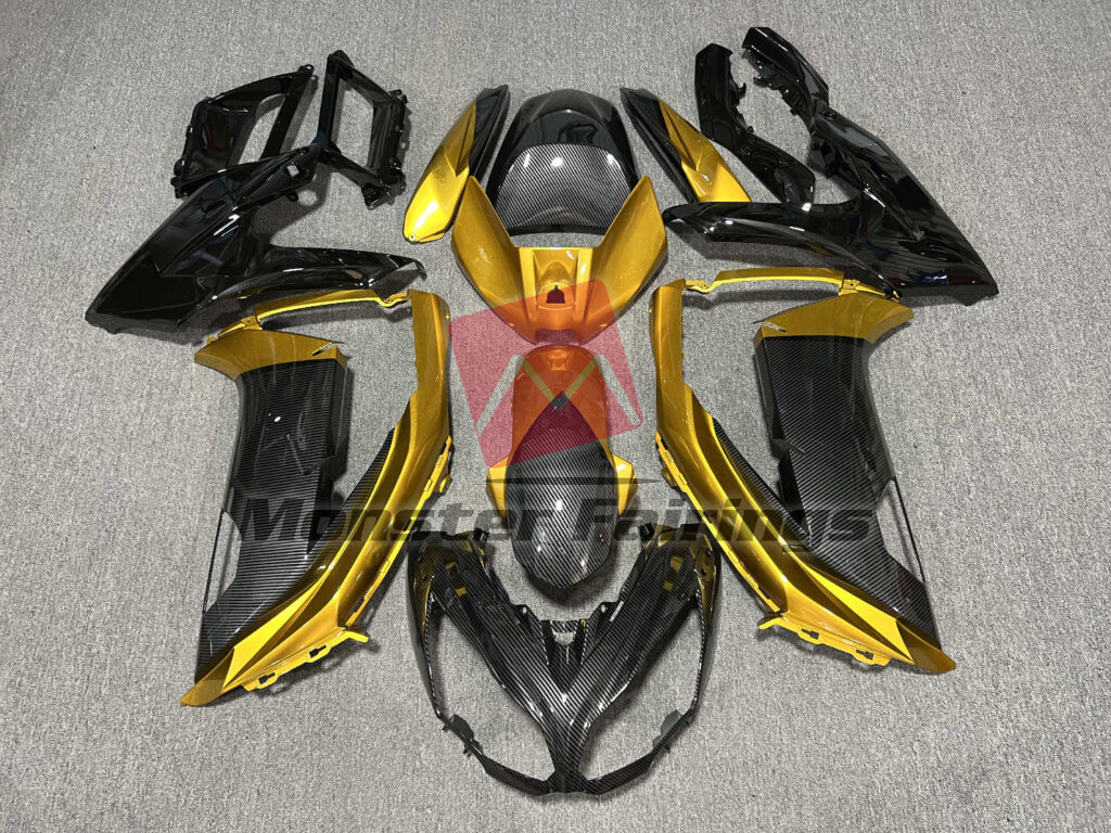 Kawasaki Ninja 650R 2012 - 2016 Gloss Carbon Fiber Style With Black & Gold ABS fairings - custom motorcycle bodywork kit by Monster Fairings
