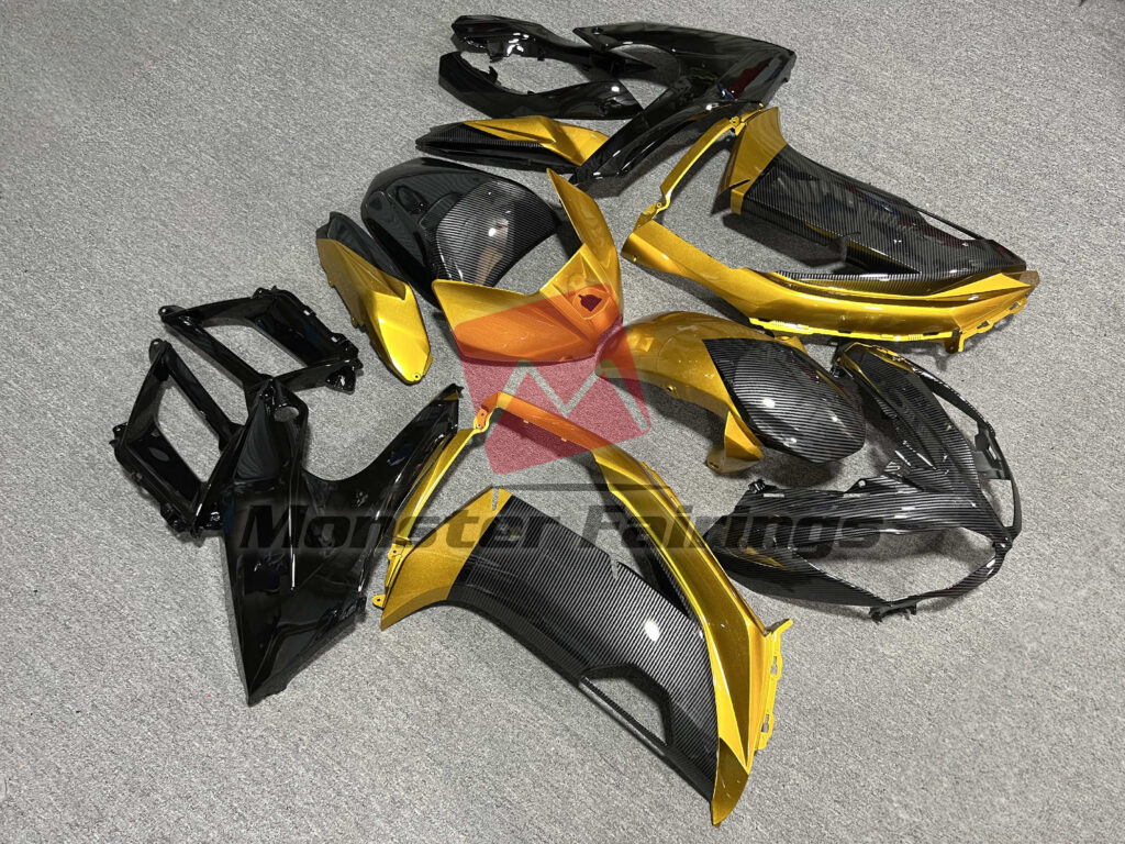 Kawasaki Ninja 650R custom ABS fairings 2012 - 2016 in Gloss Carbon Fiber Style With Black & Gold - durable replacement kit, Monster Fairings