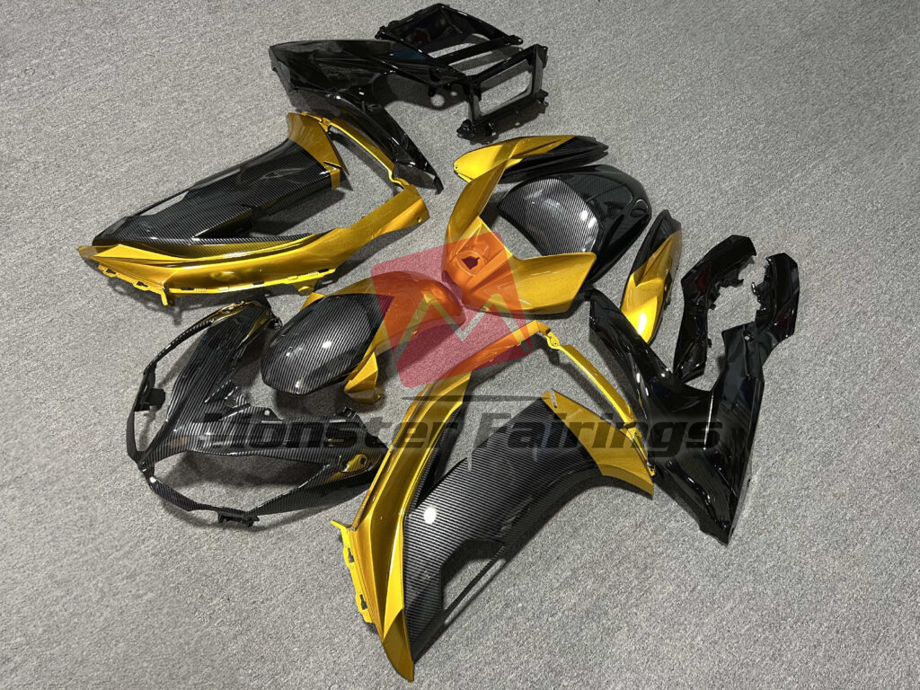 Gloss Carbon Fiber Style With Black & Gold ABS fairings for Kawasaki Ninja 650R 2012 - 2016 - premium OEM fit kit by Monster Fairings