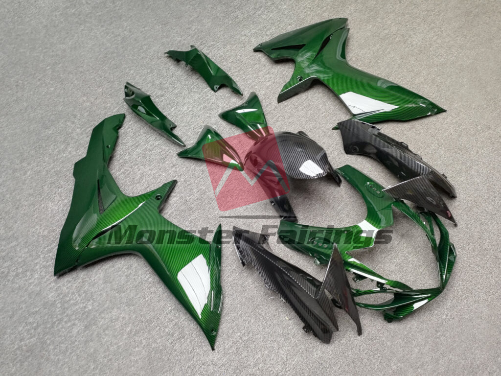 Suzuki GSXR 600 - 750 custom ABS fairings 2011 - 2025 in Gloss Green & Black Carbon Fiber Style - durable replacement kit, Monster Fairings