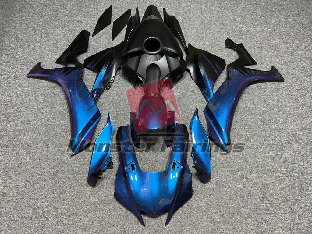 Yamaha R1 2020 - 2025 Matte Black with Gloss Blue & Purple Iridescent Splash ABS fairings - custom motorcycle bodywork kit by Monster Fairings