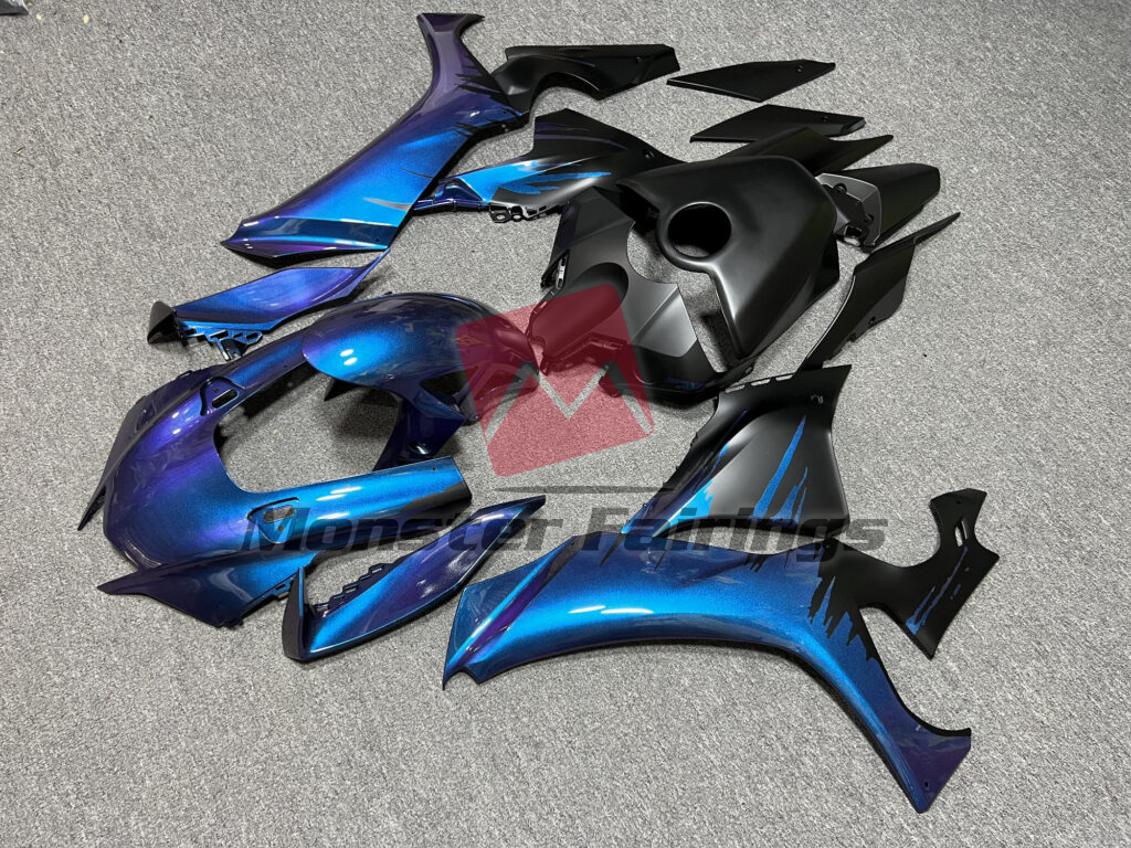 Yamaha R1 custom ABS fairings 2020 - 2025 in Matte Black with Gloss Blue & Purple Iridescent Splash - durable replacement kit, Monster Fairings