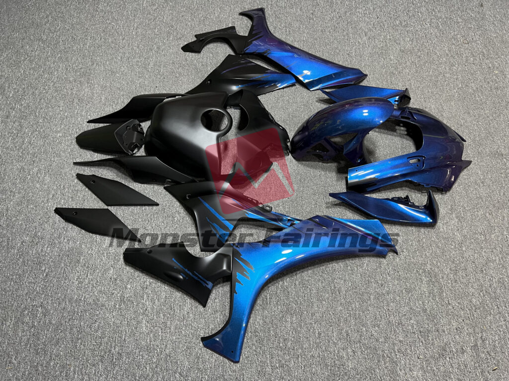 Monster Fairings ABS fairing kit for Yamaha R1 2020 - 2025 - Matte Black with Gloss Blue & Purple Iridescent Splash, precise OEM fit