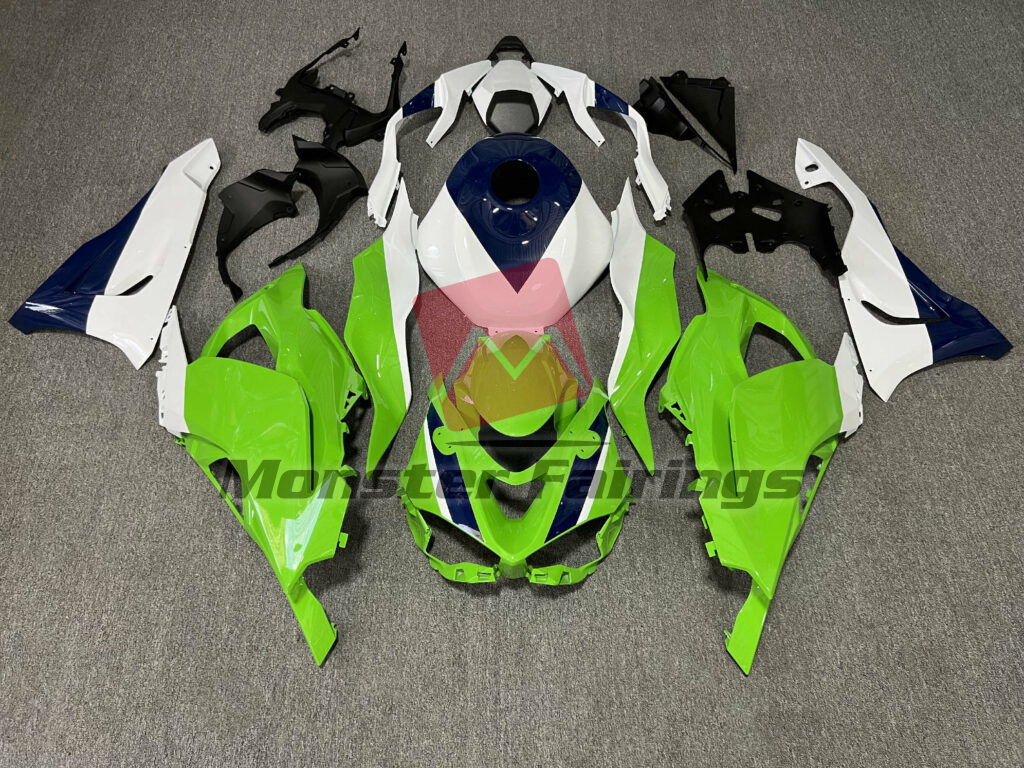 Kawasaki ZX6R 2024 - 2025 Gloss Green & White with Blue ABS fairings - custom motorcycle bodywork kit by Monster Fairings