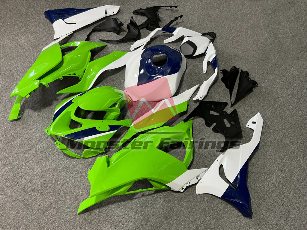 Kawasaki ZX6R custom ABS fairings 2024 - 2025 in Gloss Green & White with Blue - durable replacement kit, Monster Fairings