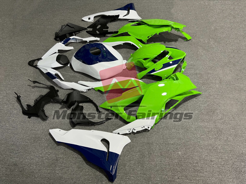 2024 - 2025 Kawasaki ZX6R Gloss Green & White with Blue fairing set - ABS injection, custom painted by Monster Fairings