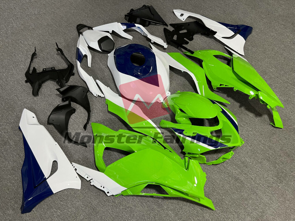 Gloss Green & White with Blue ABS fairings for Kawasaki ZX6R 2024 - 2025 - premium OEM fit kit by Monster Fairings