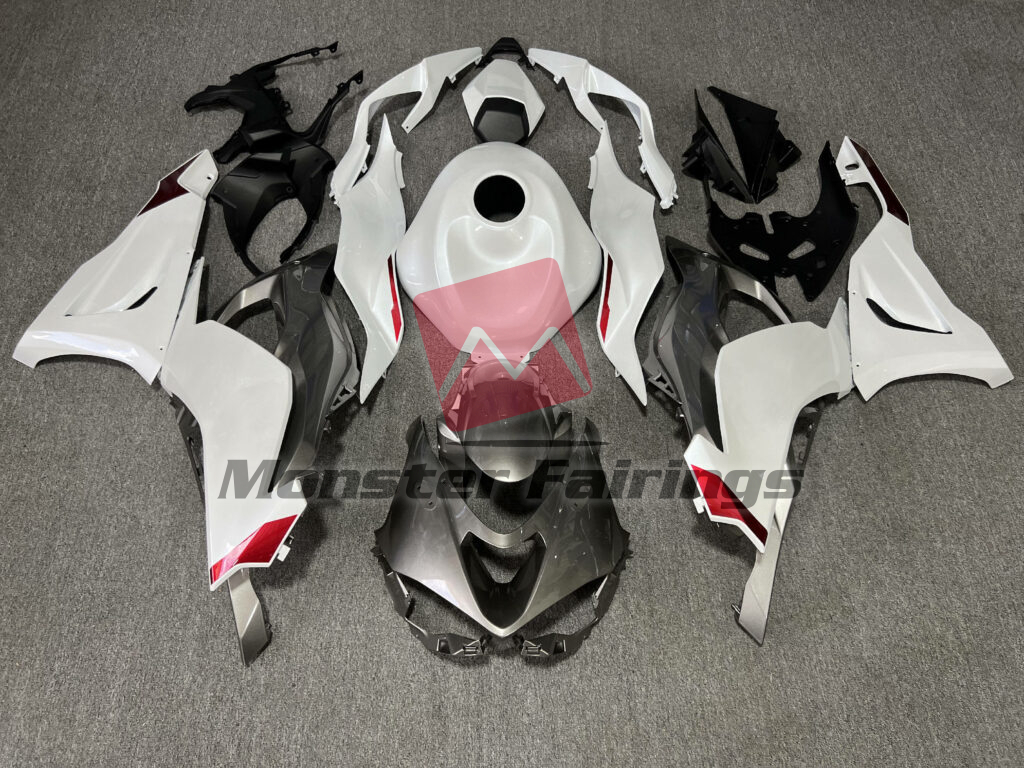 Kawasaki ZX6R 2024 - 2025 Pearl White & Gloss Gray With Red ABS fairings - custom motorcycle bodywork kit by Monster Fairings