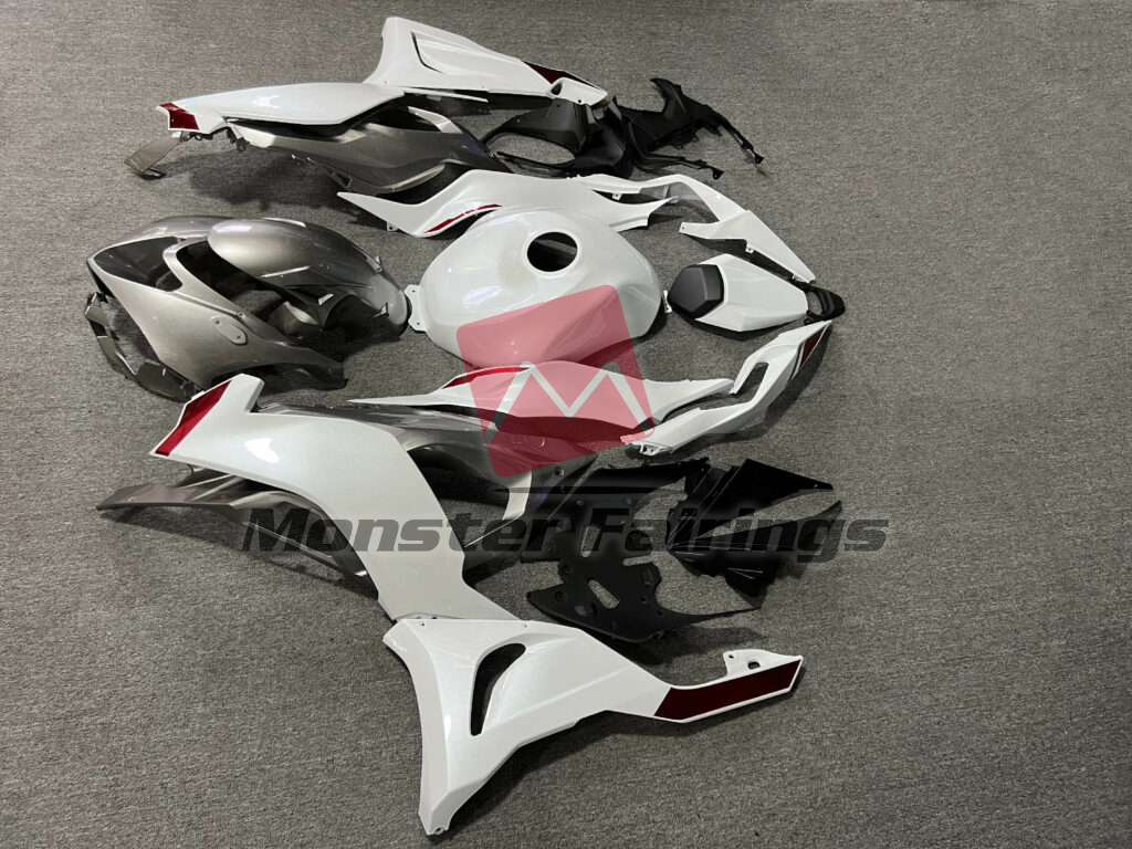 2024 - 2025 Kawasaki ZX6R Pearl White & Gloss Gray With Red fairing set - ABS injection, custom painted by Monster Fairings