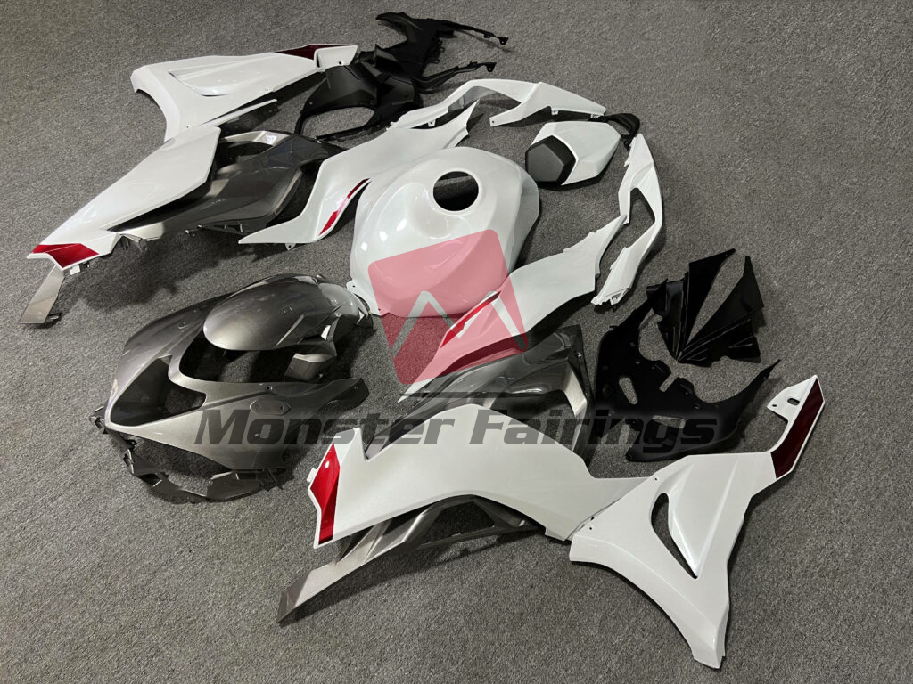 Kawasaki ZX6R custom ABS fairings 2024 - 2025 in Pearl White & Gloss Gray With Red - durable replacement kit, Monster Fairings