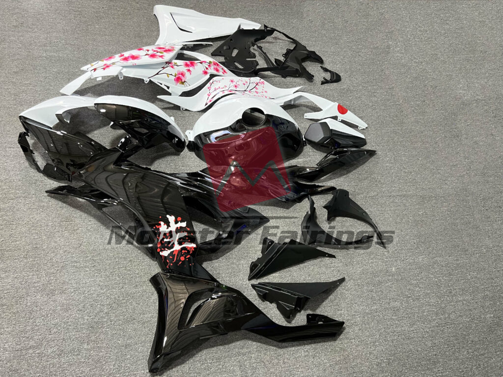 2024 - 2025 Kawasaki ZX6R Gloss Black & White Cherry Blossom Split fairing set - ABS injection, custom painted by Monster Fairings
