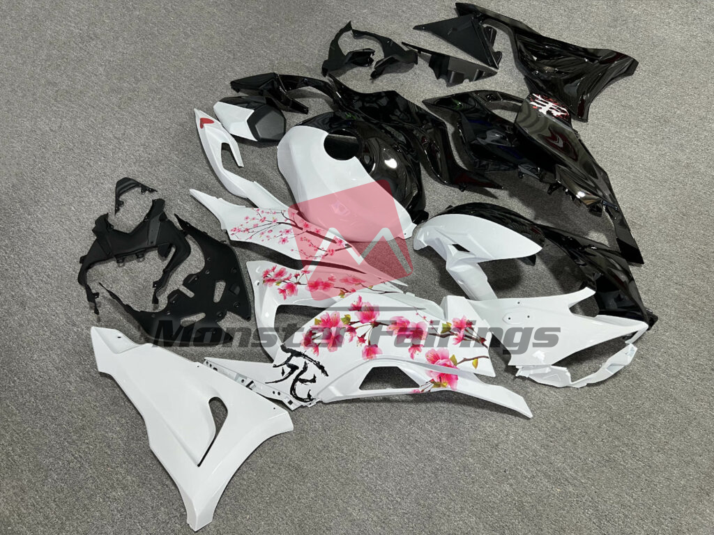 Gloss Black & White Cherry Blossom Split ABS fairings for Kawasaki ZX6R 2024 - 2025 - premium OEM fit kit by Monster Fairings