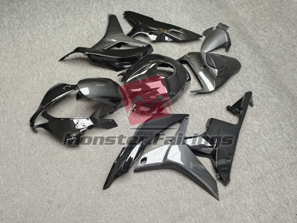 2007 - 2008 Honda CBR600RR Gloss Carbon Fiber Style With Black fairing set - ABS injection, custom painted by Monster Fairings