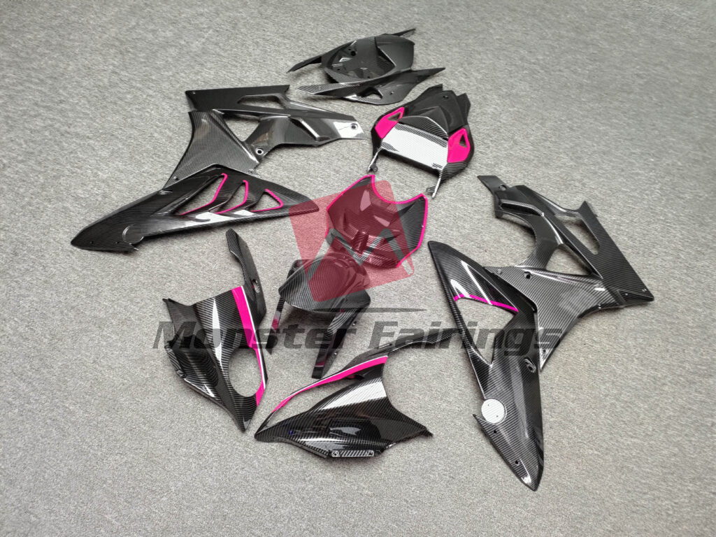 2009 - 2014 BMW S1000RR Gloss Carbon Fiber Style With Pink fairing set - ABS injection, custom painted by Monster Fairings