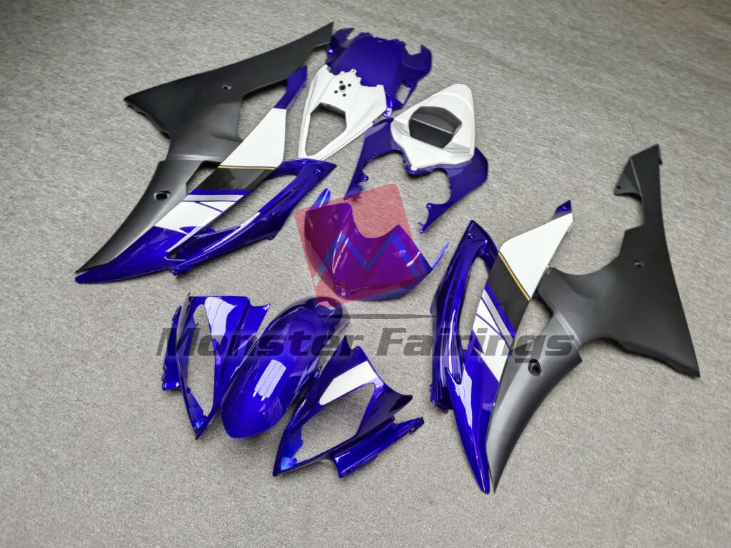Yamaha R6 custom ABS fairings 2008 - 2016 in Gloss Deep Blue & Matte Black With White - durable replacement kit, Monster Fairings