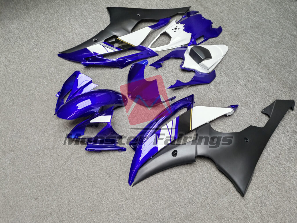 2008 - 2016 Yamaha R6 Gloss Deep Blue & Matte Black With White fairing set - ABS injection, custom painted by Monster Fairings