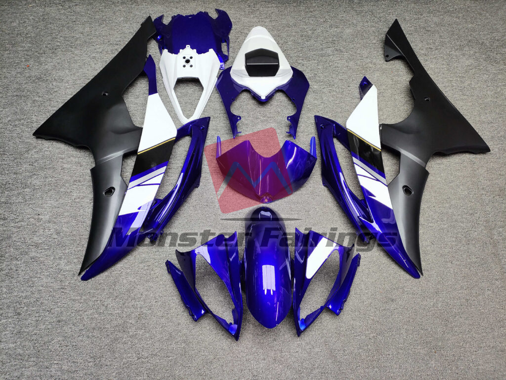 Yamaha R6 2008 - 2016 Gloss Deep Blue & Matte Black With White ABS fairings - custom motorcycle bodywork kit by Monster Fairings