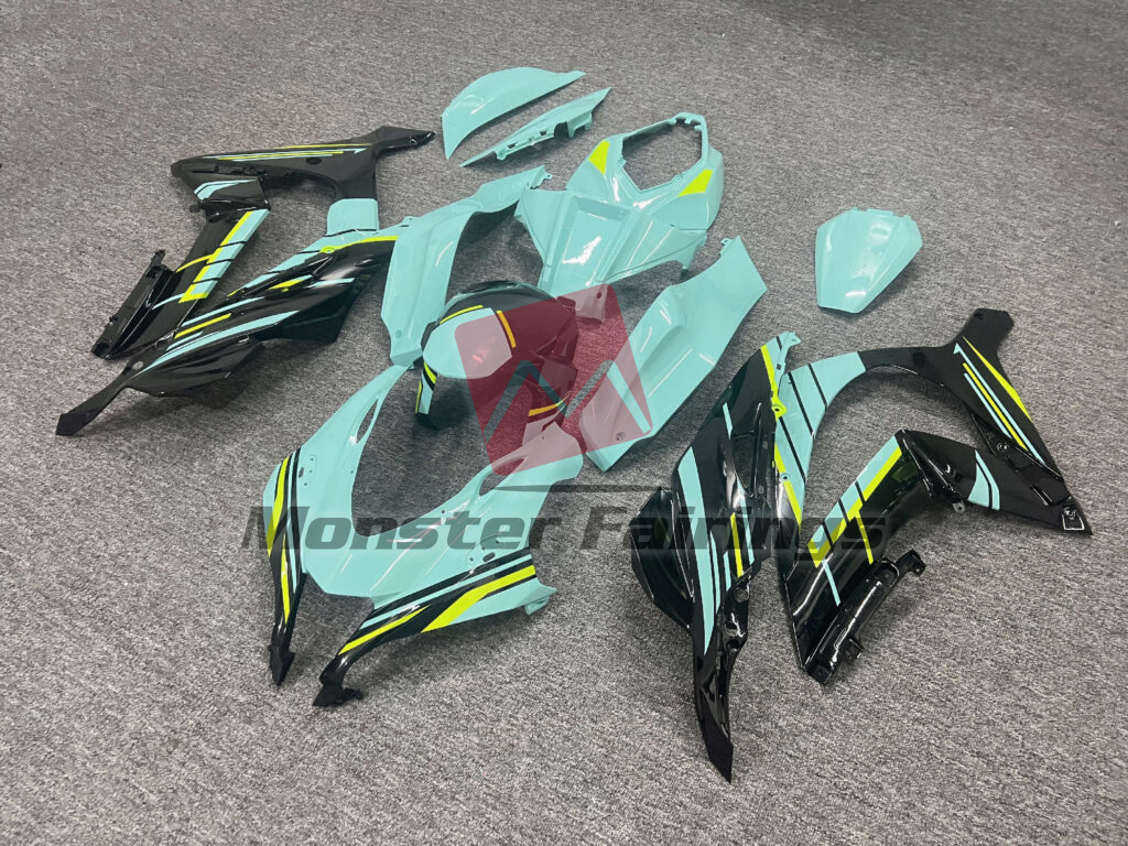Kawasaki ZX10R custom ABS fairings 2016 - 2020 in Gloss Light Teal & Black With High Vis Yellow - durable replacement kit, Monster Fairings