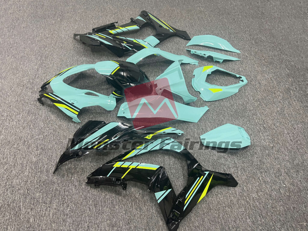 2016 - 2020 Kawasaki ZX10R Gloss Light Teal & Black With High Vis Yellow fairing set - ABS injection, custom painted by Monster Fairings