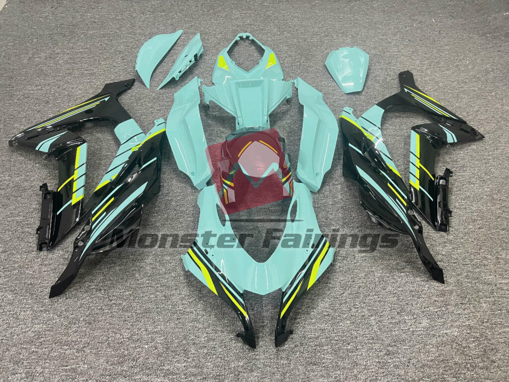 Kawasaki ZX10R 2016 - 2020 Gloss Light Teal & Black With High Vis Yellow ABS fairings - custom motorcycle bodywork kit by Monster Fairings