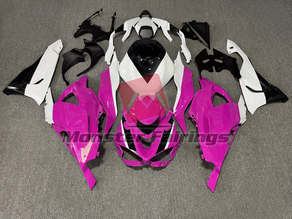 Kawasaki ZX6R 2024 - 2025 Gloss Pink & White with Black ABS fairings - custom motorcycle bodywork kit by Monster Fairings
