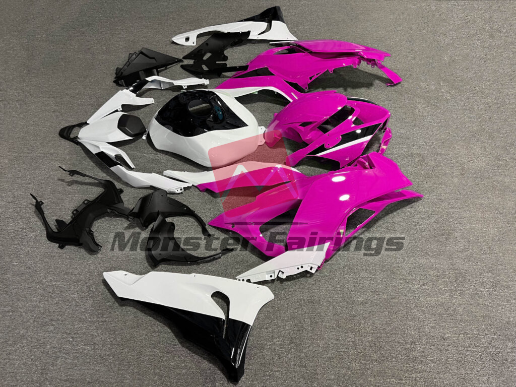 Kawasaki ZX6R custom ABS fairings 2024 - 2025 in Gloss Pink & White with Black - durable replacement kit, Monster Fairings