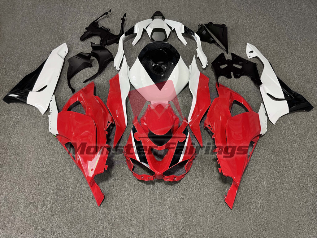 Kawasaki ZX6R 2024 - 2025 Gloss Red & White with Black ABS fairings - custom motorcycle bodywork kit by Monster Fairings