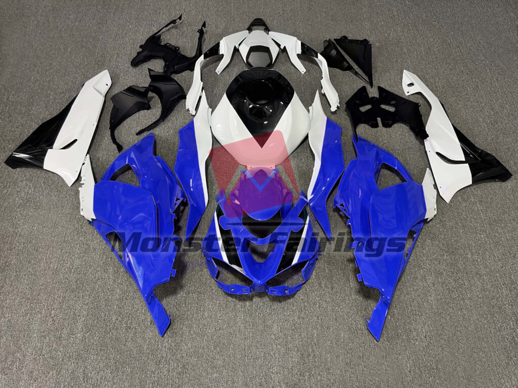 Kawasaki ZX6R 2024 - 2025 Gloss Blue & White with Black ABS fairings - custom motorcycle bodywork kit by Monster Fairings