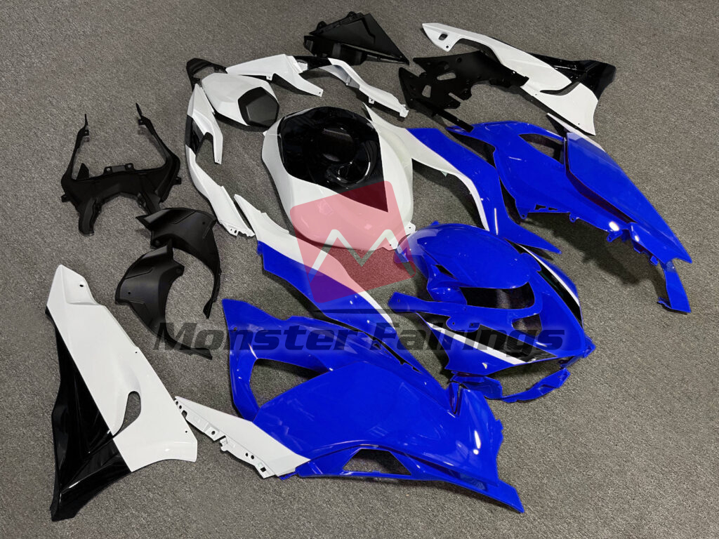 2024 - 2025 Kawasaki ZX6R Gloss Blue & White with Black fairing set - ABS injection, custom painted by Monster Fairings