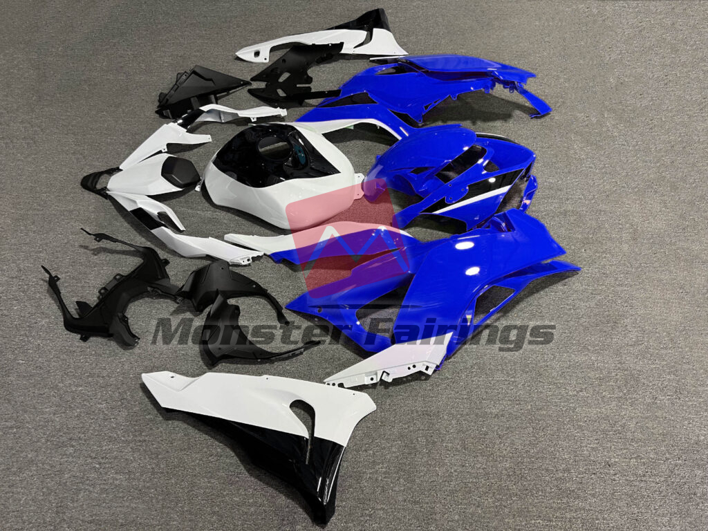 Kawasaki ZX6R custom ABS fairings 2024 - 2025 in Gloss Blue & White with Black - durable replacement kit, Monster Fairings
