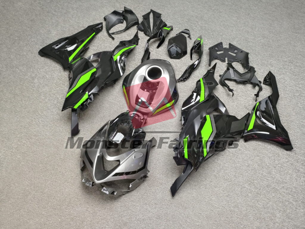 2024 - 2025 Kawasaki ZX6R Gloss Black & Gray with Green fairing set - ABS injection, custom painted by Monster Fairings