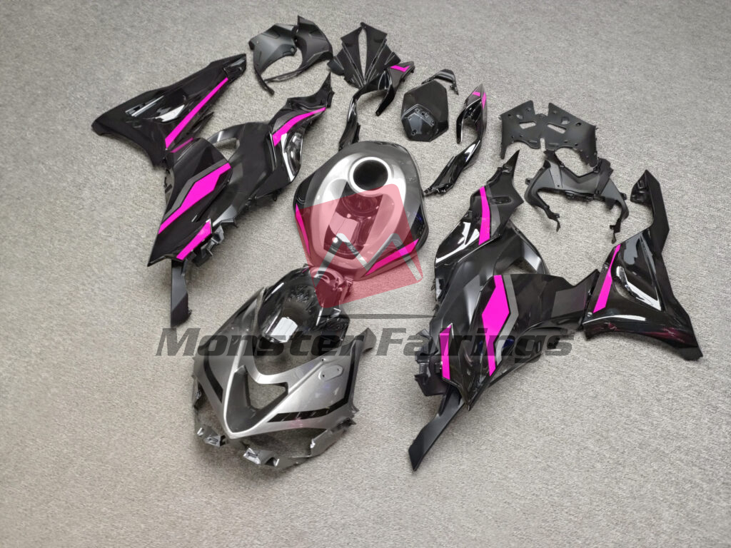 2024 - 2025 Kawasaki ZX6R Gloss Black & Gray with Pink fairing set - ABS injection, custom painted by Monster Fairings