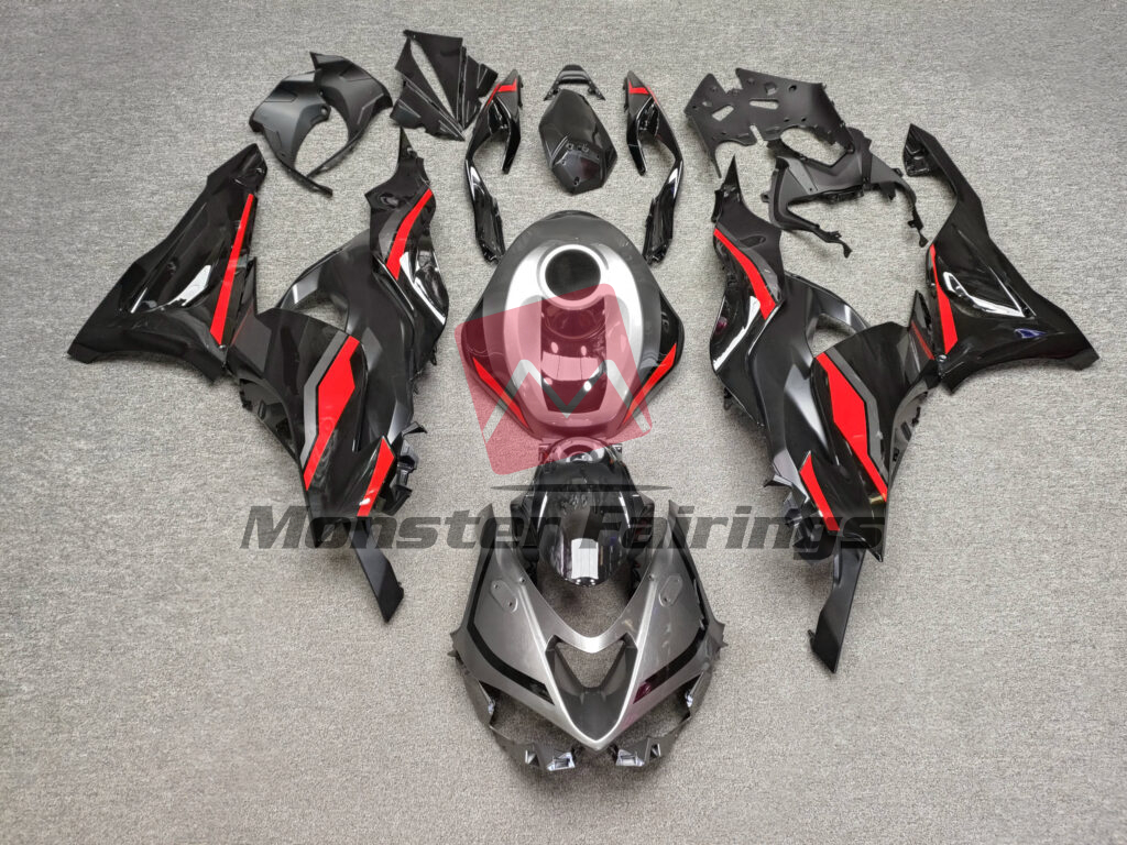 Kawasaki ZX6R 2024 - 2025 Gloss Black & Gray with Red ABS fairings - custom motorcycle bodywork kit by Monster Fairings