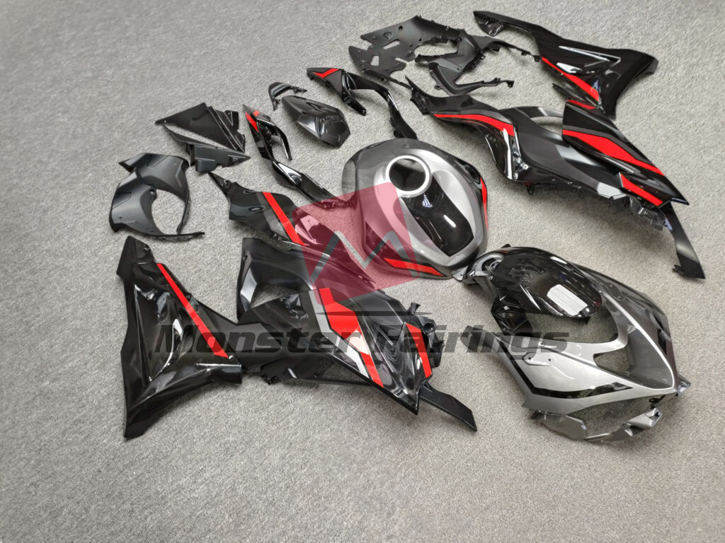 2024 - 2025 Kawasaki ZX6R Gloss Black & Gray with Red fairing set - ABS injection, custom painted by Monster Fairings