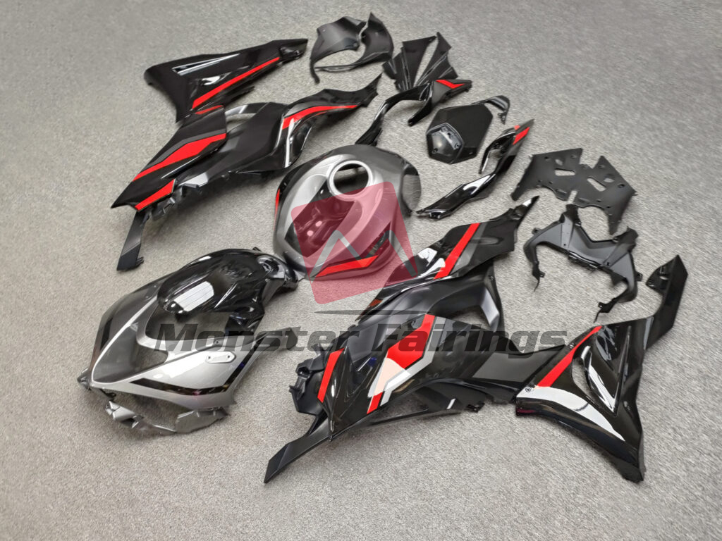 Monster Fairings ABS fairing kit for Kawasaki ZX6R 2024 - 2025 - Gloss Black & Gray with Red, precise OEM fit