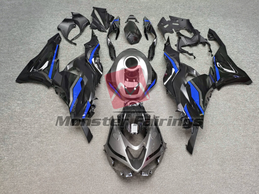 Kawasaki ZX6R 2024 - 2025 Gloss Black & Gray with Blue ABS fairings - custom motorcycle bodywork kit by Monster Fairings