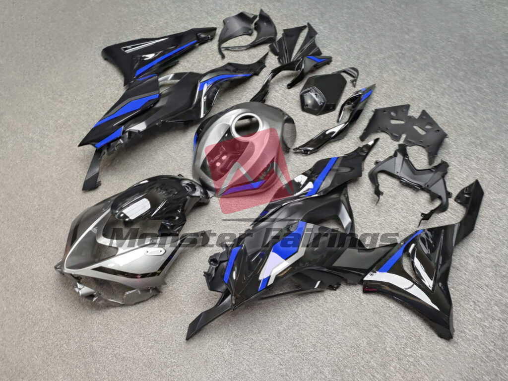 Kawasaki ZX6R custom ABS fairings 2024 - 2025 in Gloss Black & Gray with Blue - durable replacement kit, Monster Fairings