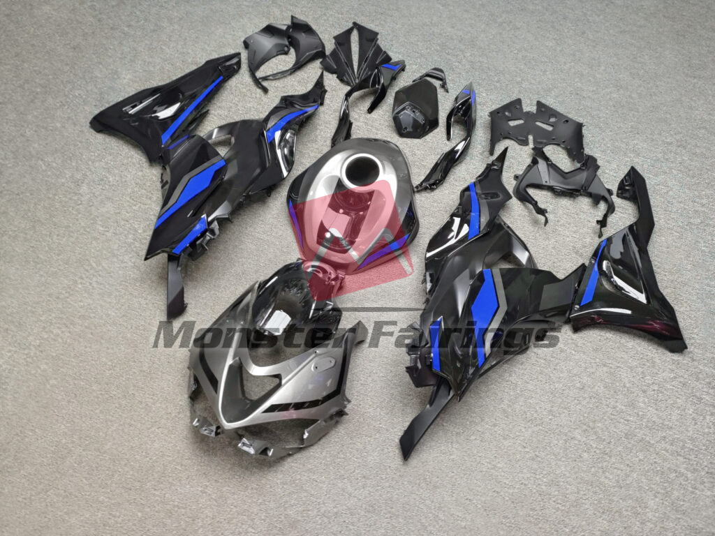 2024 - 2025 Kawasaki ZX6R Gloss Black & Gray with Blue fairing set - ABS injection, custom painted by Monster Fairings