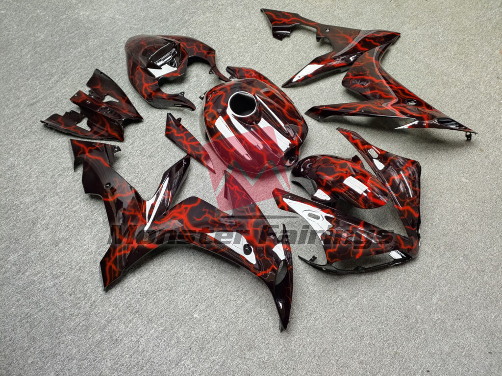 2004 - 2006 Yamaha R1 Gloss Black With Red Lightning fairing set - ABS injection, custom painted by Monster Fairings