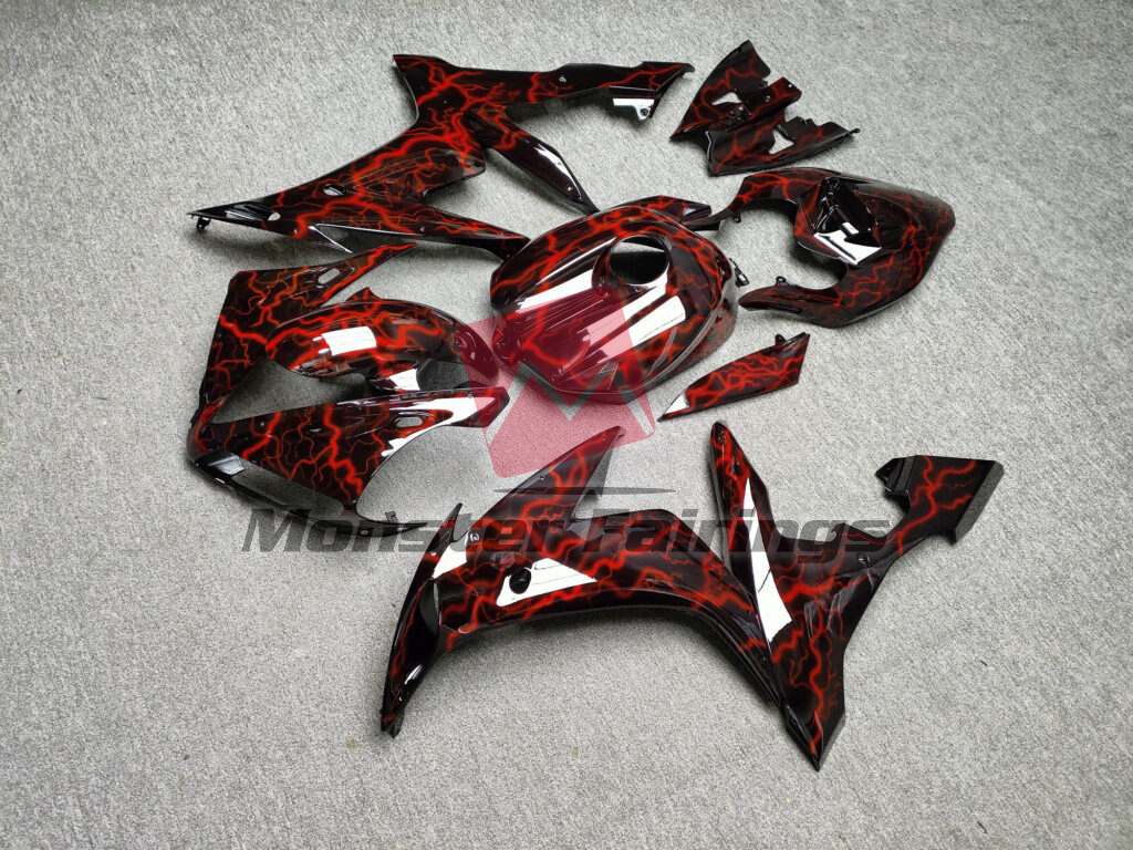 Monster Fairings ABS fairing kit for Yamaha R1 2004 - 2006 - Gloss Black With Red Lightning, precise OEM fit
