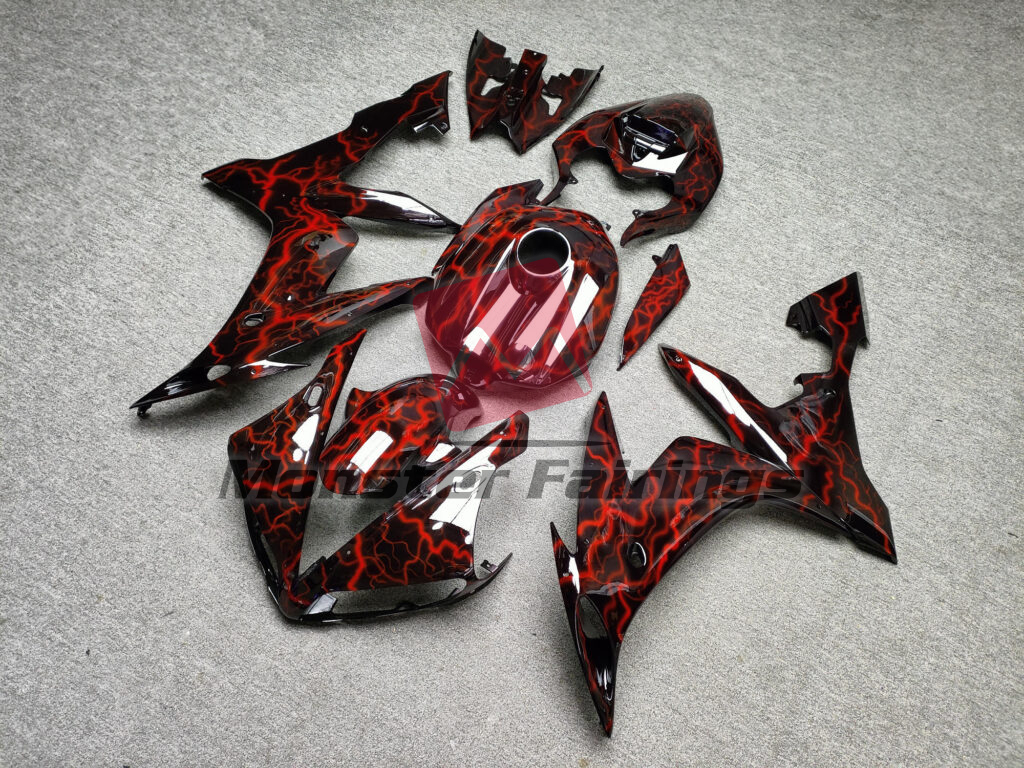 Yamaha R1 custom ABS fairings 2004 - 2006 in Gloss Black With Red Lightning - durable replacement kit, Monster Fairings
