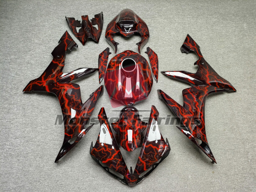 Yamaha R1 2004 - 2006 Gloss Black With Red Lightning ABS fairings - custom motorcycle bodywork kit by Monster Fairings