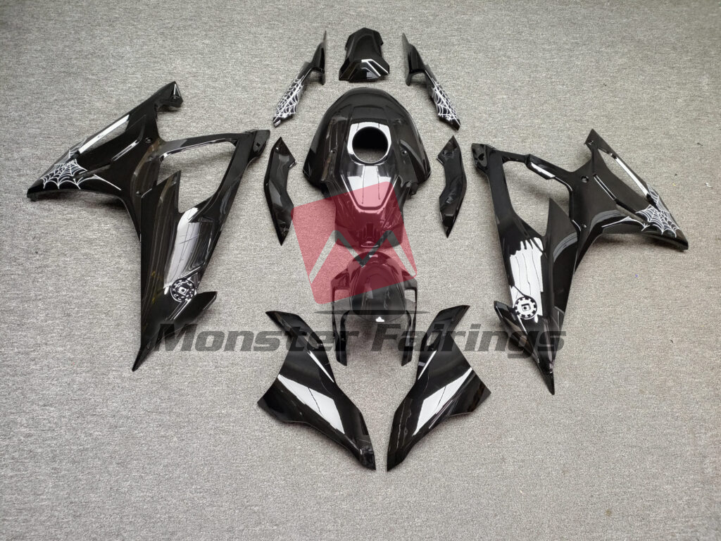 BMW S1000RR 2019 - 2022 Gloss Black With White Spider Web ABS fairings - custom motorcycle bodywork kit by Monster Fairings