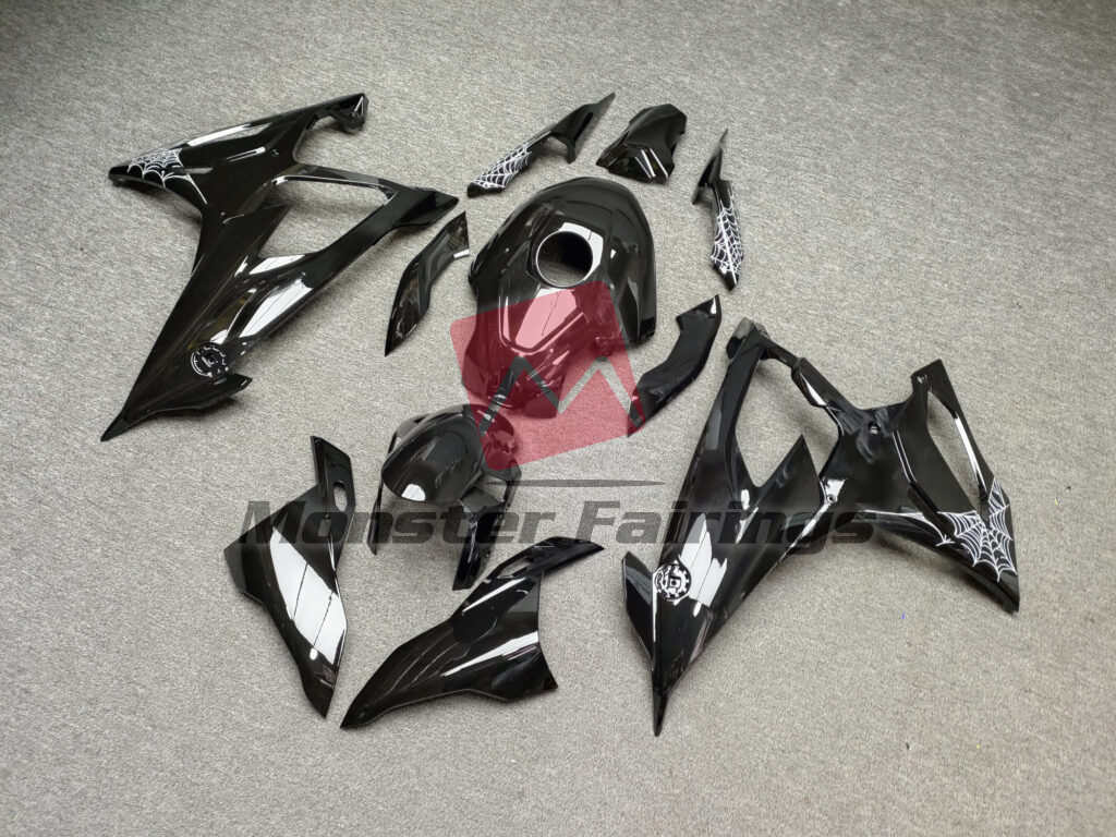 2019 - 2022 BMW S1000RR Gloss Black With White Spider Web fairing set - ABS injection, custom painted by Monster Fairings