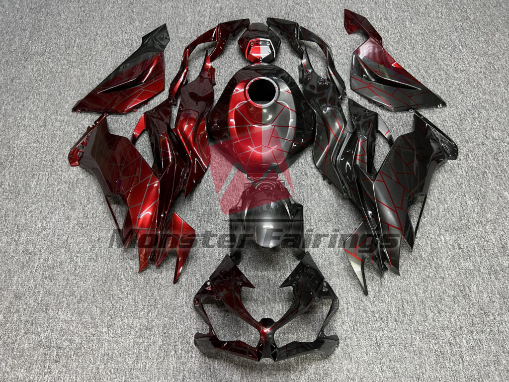 Kawasaki ZX6R 2019 - 2023 Gloss Metallic Gray & Crimson Red Split ABS fairings - custom motorcycle bodywork kit by Monster Fairings