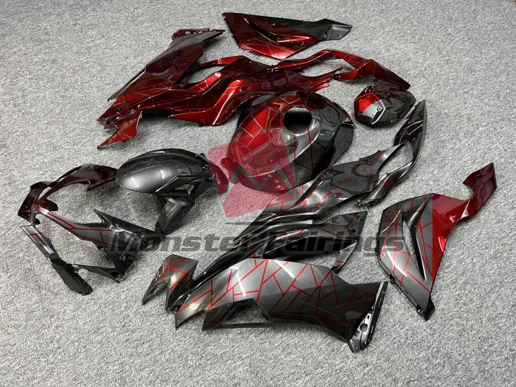 Kawasaki ZX6R custom ABS fairings 2019 - 2023 in Gloss Metallic Gray & Crimson Red Split - durable replacement kit, Monster Fairings