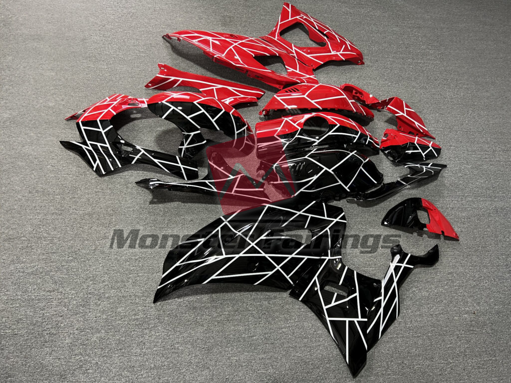 2021 - 2025 Yamaha R7 Gloss Red & Black With White Pattern Split fairing set - ABS injection, custom painted by Monster Fairings