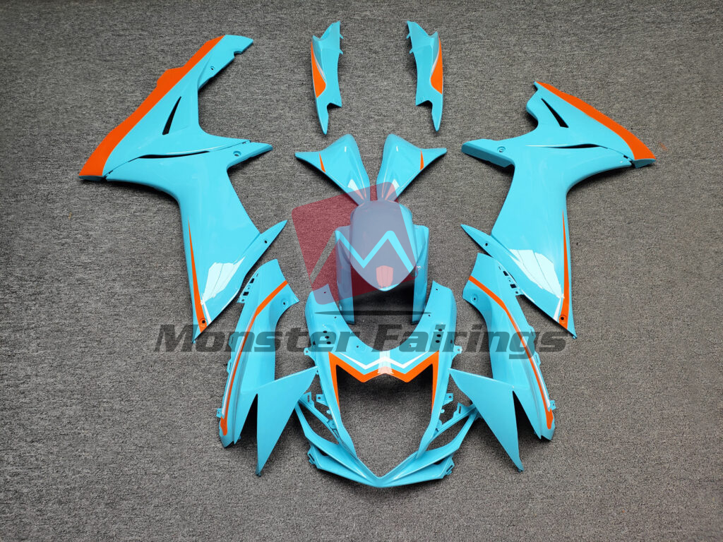Suzuki GSXR 600 - 750 2011 - 2025 Gloss Light Blue With Orange ABS fairings - custom motorcycle bodywork kit by Monster Fairings